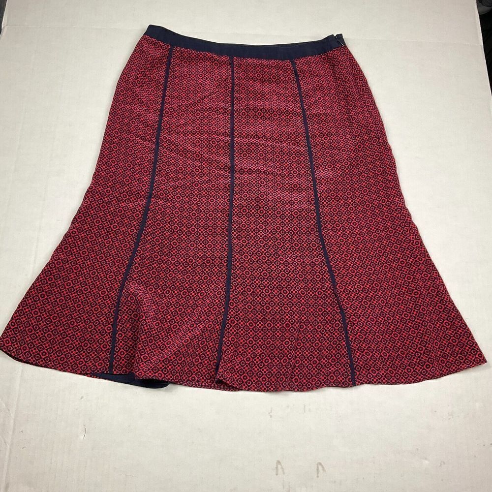 Due Per Due Silk A-Line Skirt Red Blue Print Side Zip Close Knee Length Size 6 *